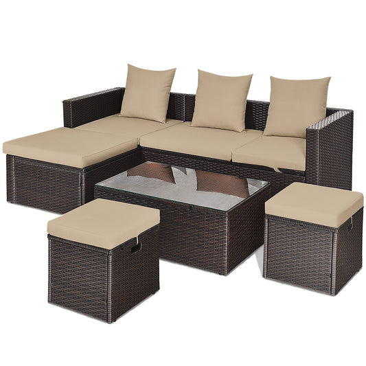 Patiojoy 5 Pieces Patio Rattan Sofa Table Set Outdoor Wicker Patio Furniture w/ Cushions