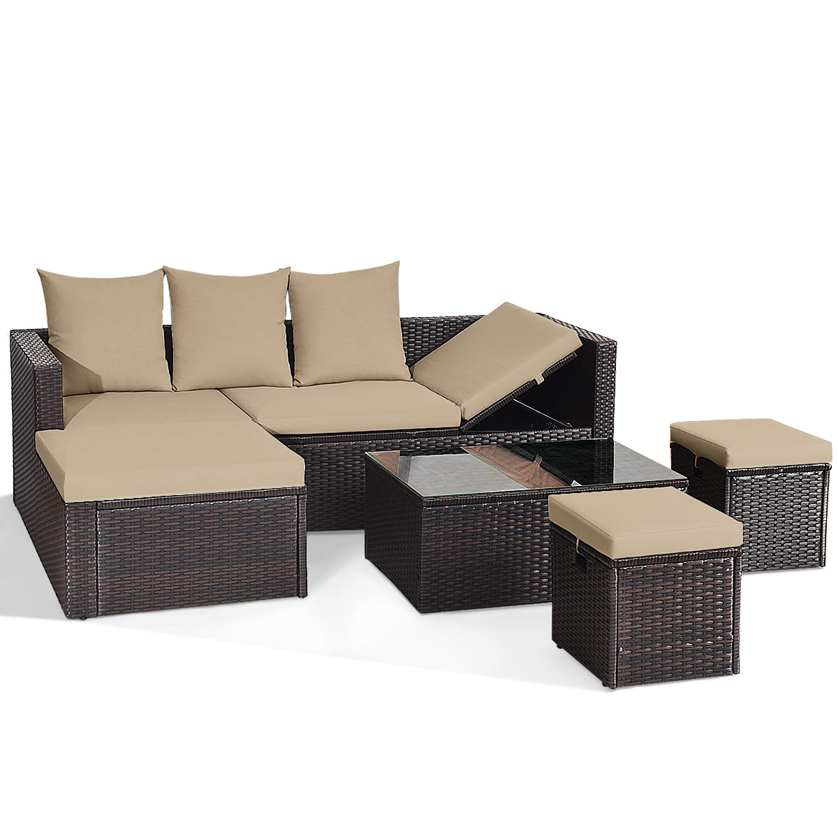Patiojoy 5 Pieces Patio Rattan Sofa Table Set Outdoor Wicker Patio Furniture w/ Cushions