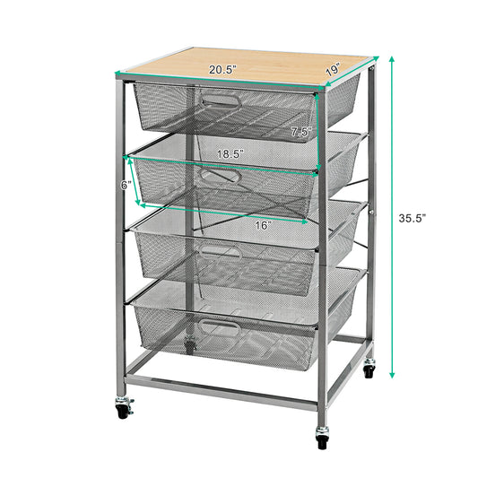 Topbuy Wheeled Steel Mesh Storage Utility Storage Shelves 4-Drawer Organizer