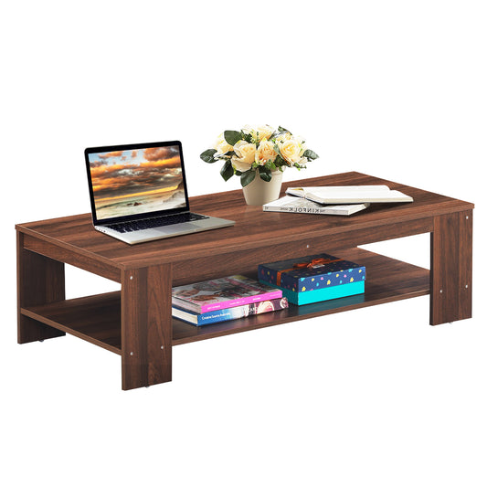 Topbuy Rustic Wood Coffee Table Rectangular Coffee Table with Storage Shelf