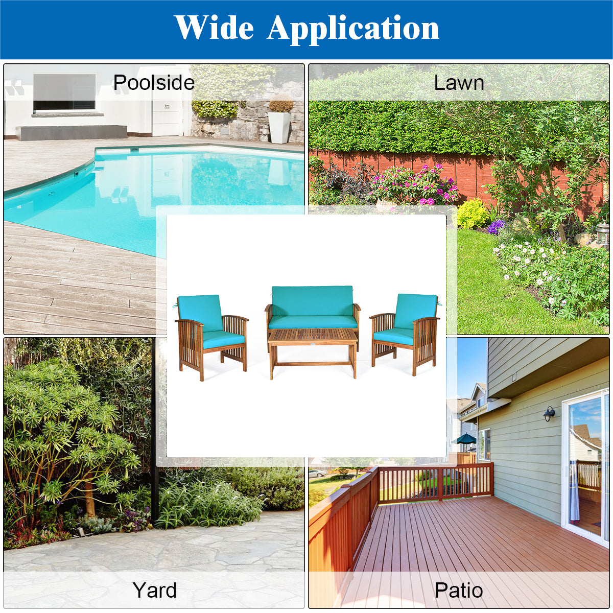 Topbuy 4PCS Patio Acacia Wood Sofa Set Conversation Couch Coffee Table with Cushions Black/Blue