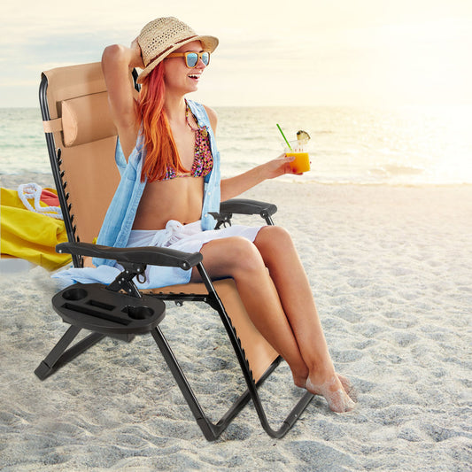 Topbuy Oversized Zero Gravity Lounge Chair Folding Recliner w/ Cup Holder & Pillow Beige