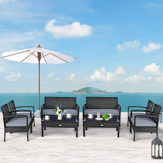 Patiojoy 8PCS Rattan Wicker Outdoor Patio Cushioned Sofa Coffee Table Furniture Set