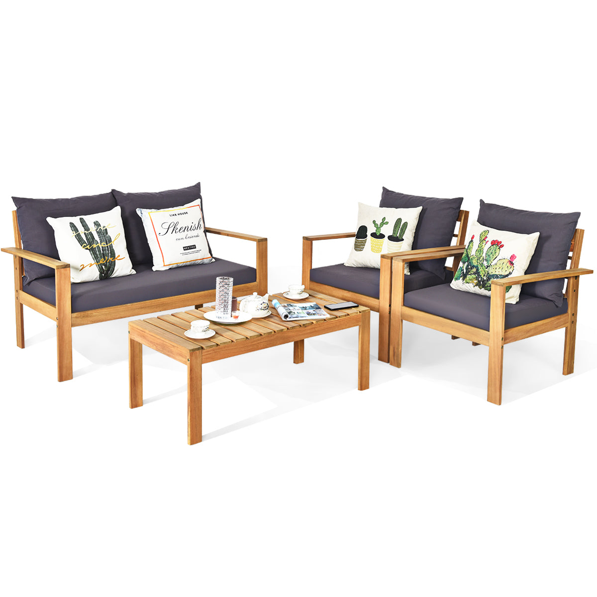 Topbuy 4 PCS Outdoor Acacia Wood Conversation Sofa Table Furniture Set W/ Grey Cushions