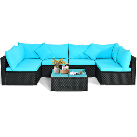 Patiojoy 7-Piece Patio PE Rattan Sectional Sofa Furniture Set Wicker Sofa Conversation Set Navy/Turquoise/Red/Beige