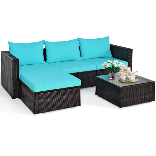 Patiojoy 5PCS Patio Rattan Wicker Sofa Furniture Set Sectional Conversation Sofa Set Blue