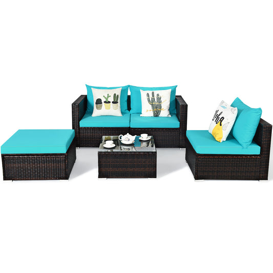 Patiojoy 5PCS Patio Rattan Wicker Sofa Furniture Set Sectional Conversation Sofa Set Blue