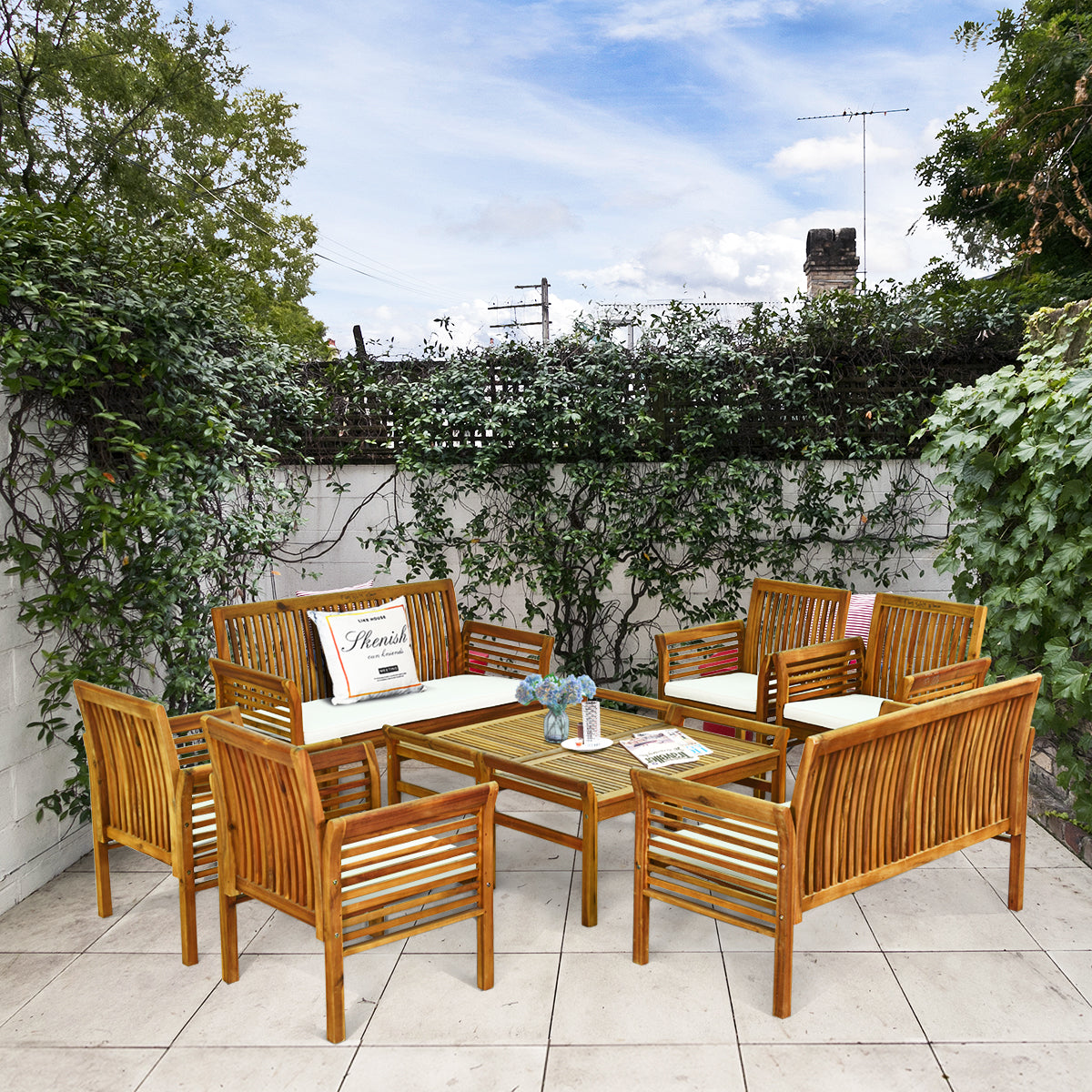 Topbuy 4-Piece Patio Acacia Wood Sofa Set Conversation Table Chairs with Beige Cushions