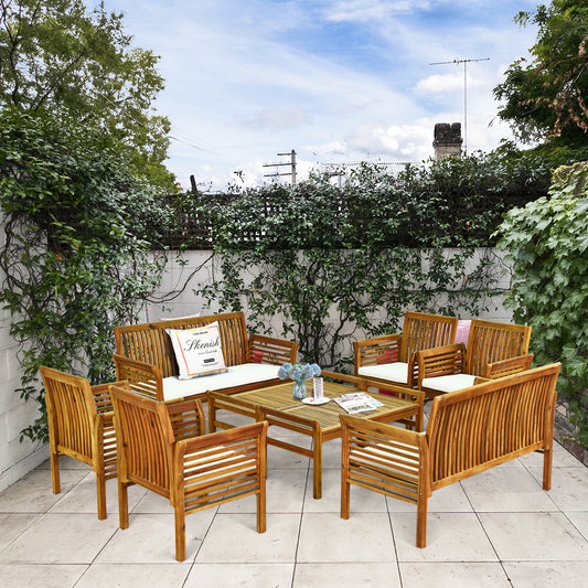 Topbuy 4-Piece Patio Acacia Wood Sofa Set Conversation Table Chairs with Beige Cushions