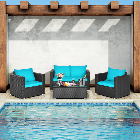 Patiojoy 4PC Patio Rattan Wicker Conversation Furniture Set Sectional Sofa & Coffee Table Turquoise/Red/White/Black
