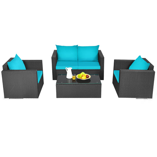 Patiojoy 4PC Patio Rattan Wicker Conversation Furniture Set Sectional Sofa & Coffee Table Turquoise/Red/White/Black