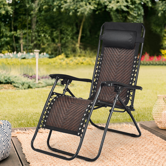 Patiojoy Brown Folding Recliner Patio Rattan Zero Gravity Lounge Chair With Headrest