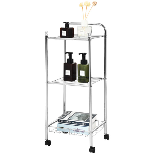 Topbuy Silver Rolling Cart 3-Tier Mesh Wire Multifunction Utility Storage Cart Shelves Trolley