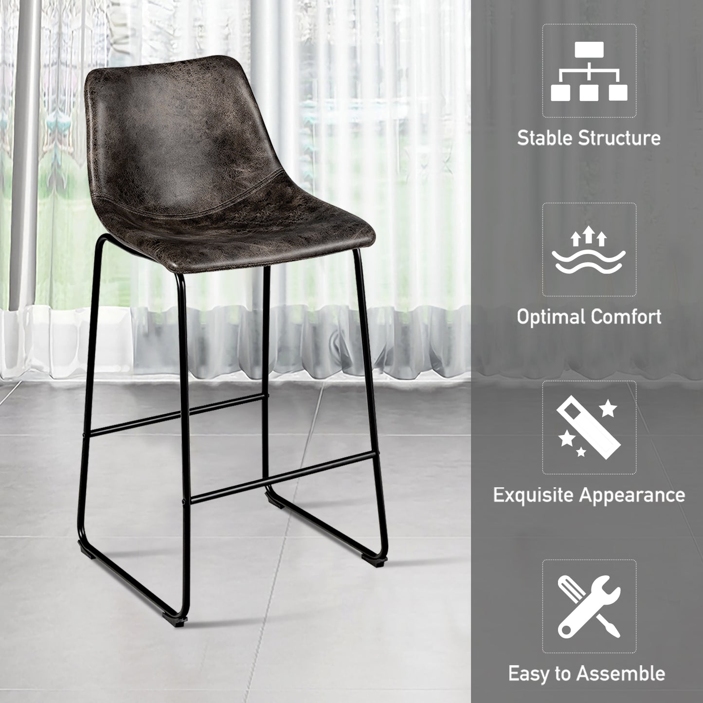Topbuy Set of 2 Bar Stool Faux Suede Upholstered Kitchen Dining Chair w/Metal Legs Brown/Grey