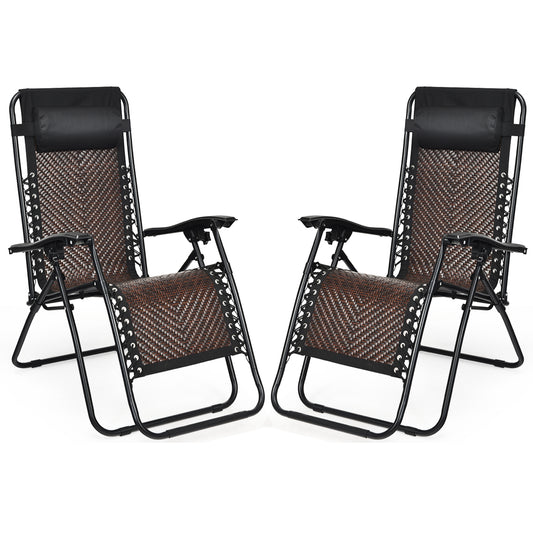 Patiojoy Folding Recliner Patio Rattan Zero Gravity Lounge Chair With Headrest Brown