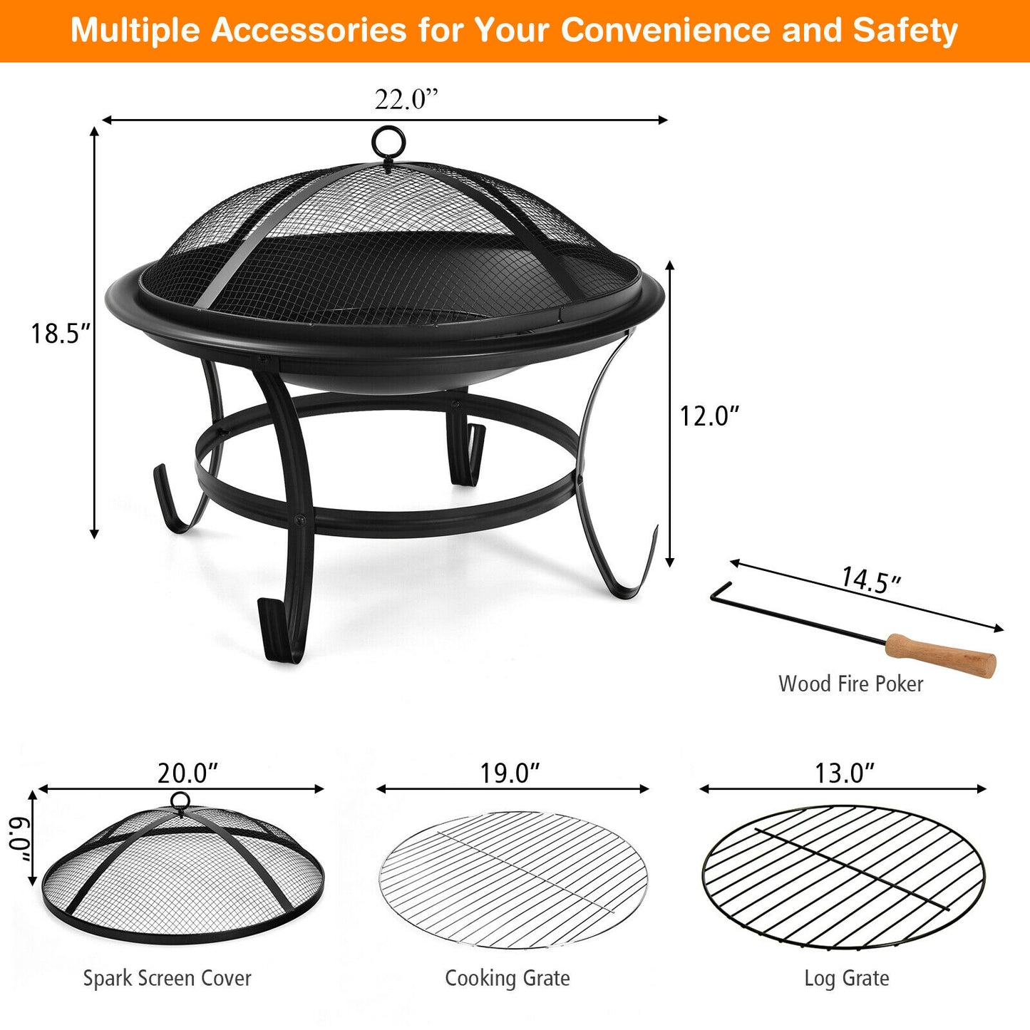 Topbuy 22'' Steel Outdoor Wood Burning Fire Pit Bowl with Round Mesh Spark Screen Cover