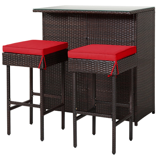 Patiojoy 3PCS Patio Wicker Rattan Bar Set Table w/2 Cushioned Stools Red/Turquoise