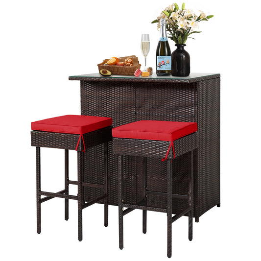 Patiojoy 3PCS Patio Wicker Rattan Bar Set Table w/2 Cushioned Stools Red/Turquoise