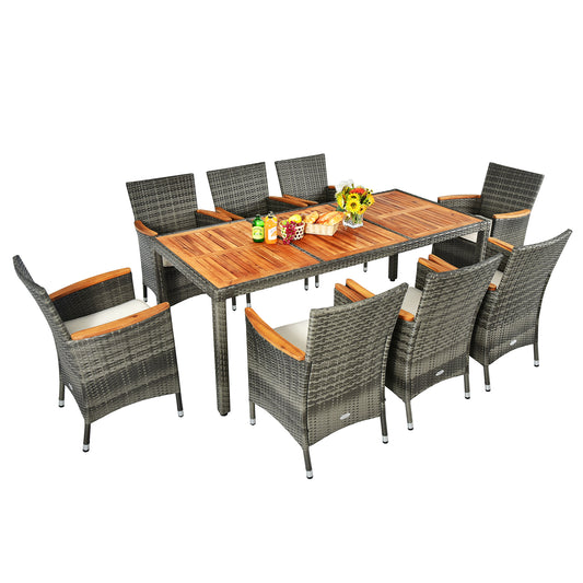 Patiojoy 9PCS Patio Rattan Furniture Dining Set Acacia Wood Table Cushioned Chair for Outdoor