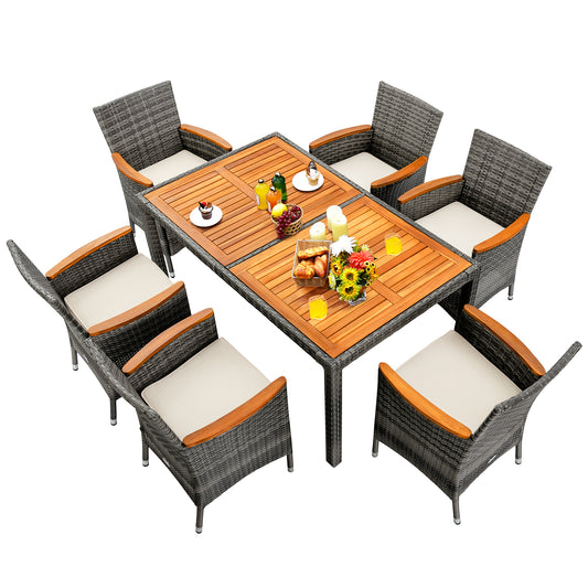 Patiojoy 7PCS Patio Rattan Furniture Set Outdoor Conversation Set w/Cushions Acacia Wood Table