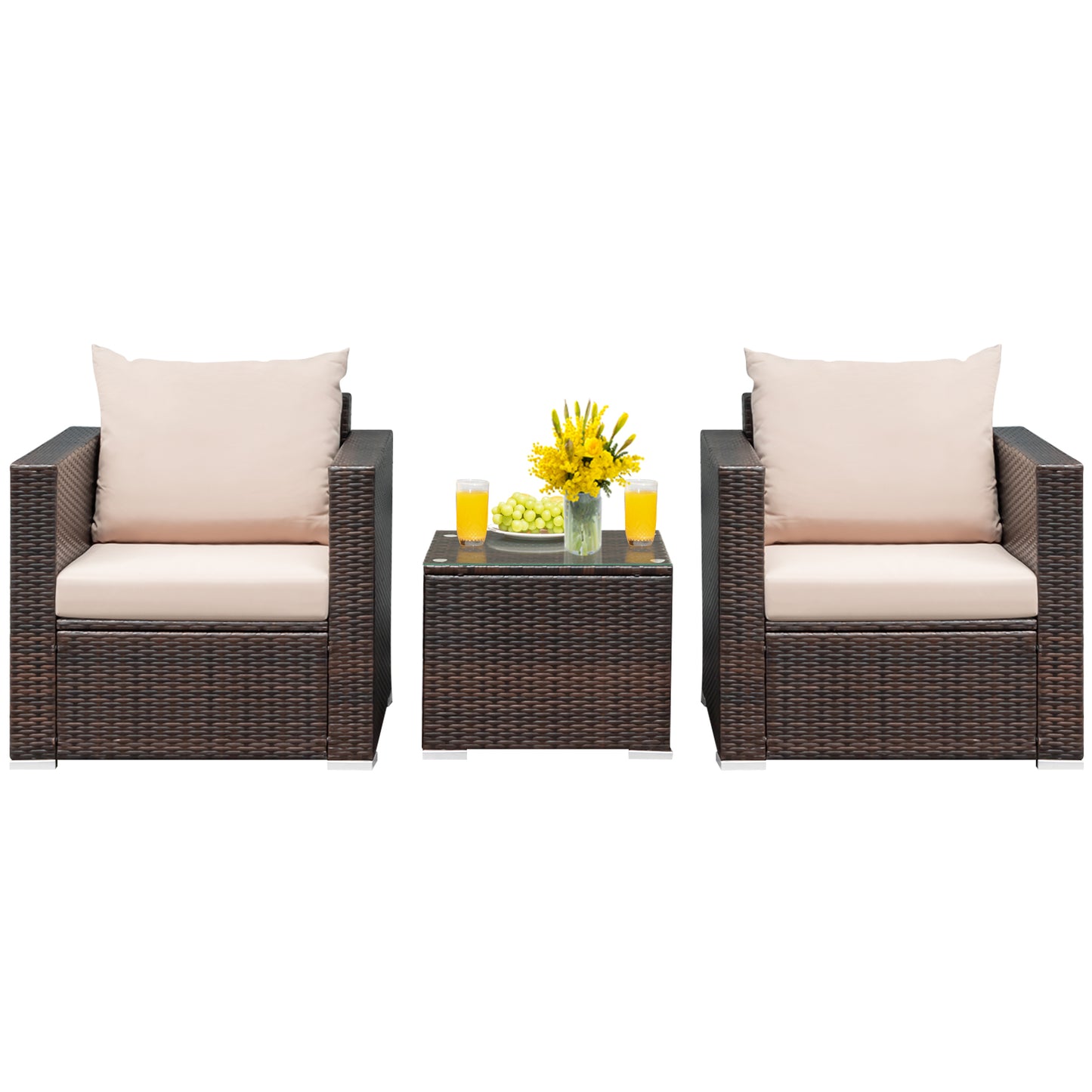 Patiojoy 3PCS Patio Rattan Furniture Set with 2 Cushioned Sofas & Coffee Table for Outdoor Red/Turquoise/Black/Navy/Brown
