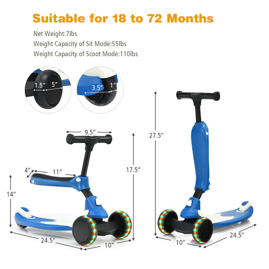 Topbuy 2 in 1 Kids Kick Scooter with Flash Wheels Gravity Steering System & Removable Seat Suitable for Boys Girls Blue/Green/Purple