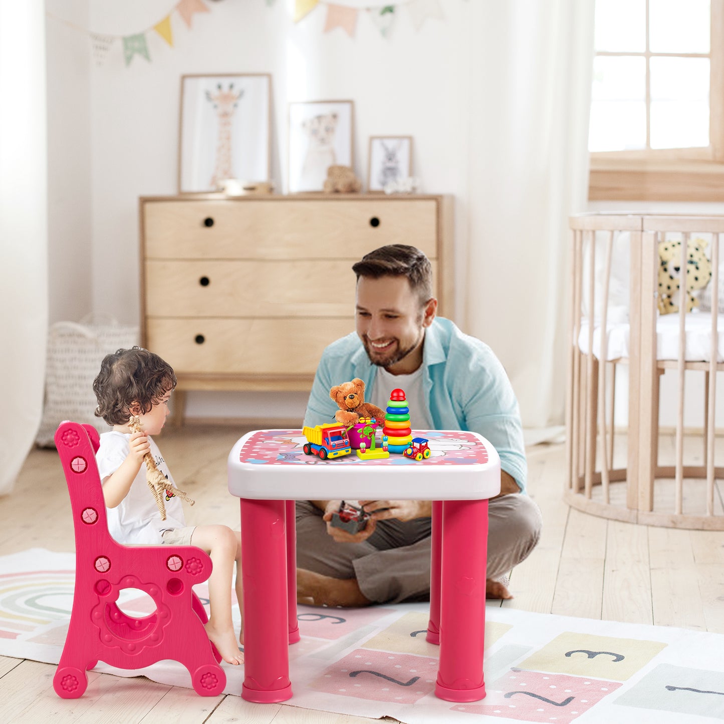 Topbuy Kids Furniture Set Kids Table & Chair Set w/ Practical Drawers Suitable for Enjoying Snack Time & Playing Blue/Natural/Pink