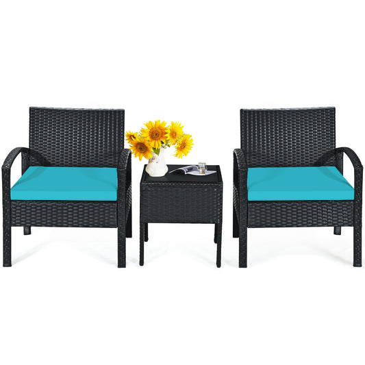 Patiojoy 3 Pieces Patio Set Outdoor Wicker Rattan Furniture w/ Cushions Turquoise
