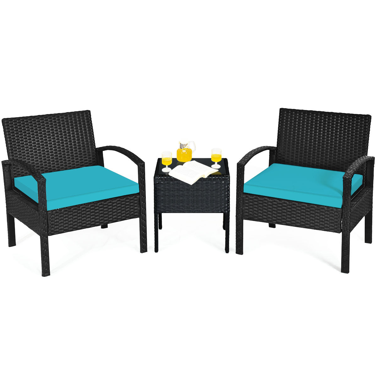 Patiojoy 3 Pieces Patio Set Outdoor Wicker Rattan Furniture w/ Cushions Turquoise
