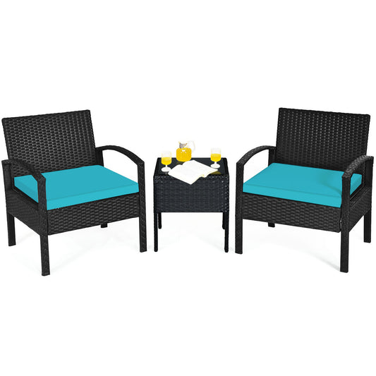 Patiojoy 3 Pieces Patio Set Outdoor Wicker Rattan Furniture w/ Cushions Turquoise