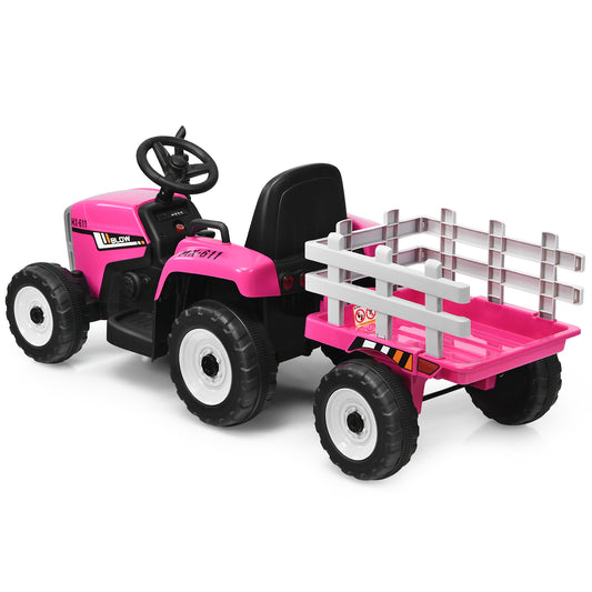 Topbuy Kids Ride on Tractor with Trailer Battery Powered Large Capacity with Remote Control Pink/Rrd/Green