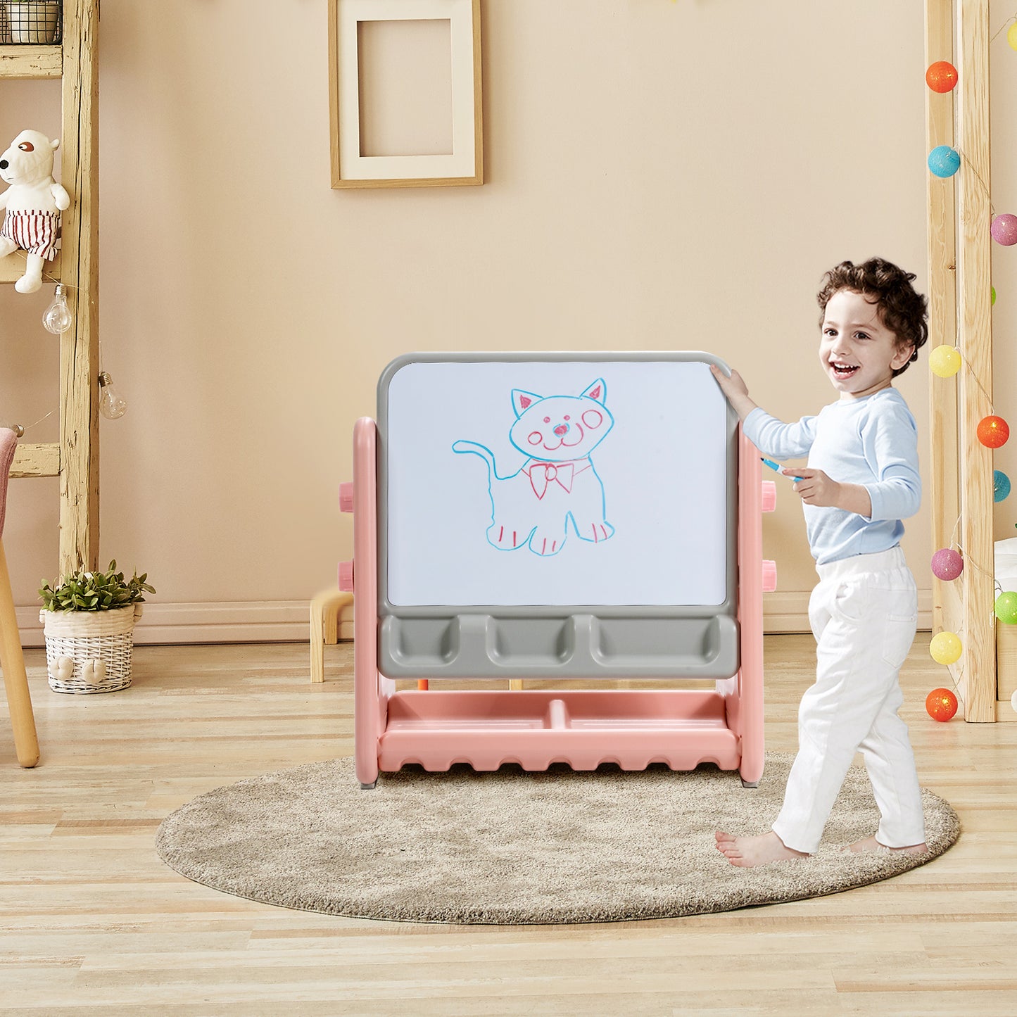 Topbuy 2 in 1 Kids Drawing Table and Chair Set Adjustable Drawing Board with Storage Space Blue/Light Pink
