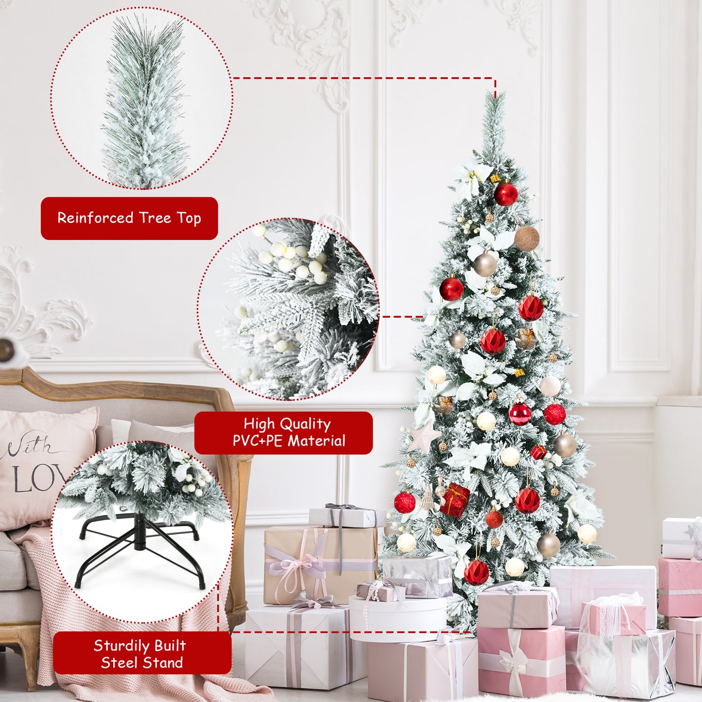 Topbuy 6FT Slim Pencil Tree Hinged Artificial Christmas Tree W/471 Branches Tips