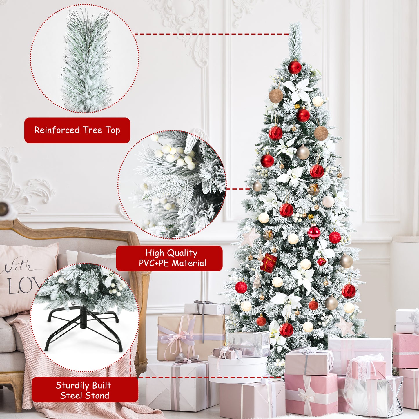 Topbuy 7FTSlim Pencil Tree Hinged Artificial Christmas Tree W/627 Branches Tips