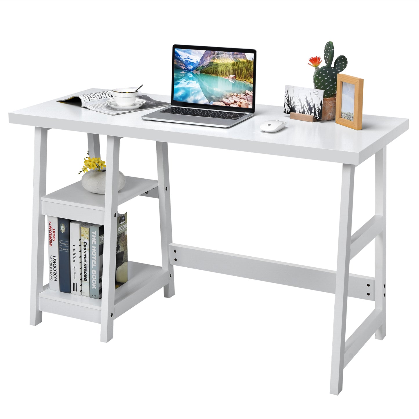 Topbuy Trestle Computer Desk Indoor Office Workstation for Home Office with  2-Tier Storage Shelves Black/Gray/White