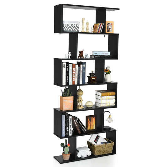Topbuy 2 PCS 6-Tier S-Shaped Wooden Bookshelf Storage Bookcase Multifunctional Display Stand Shelf Black/Coffee/White