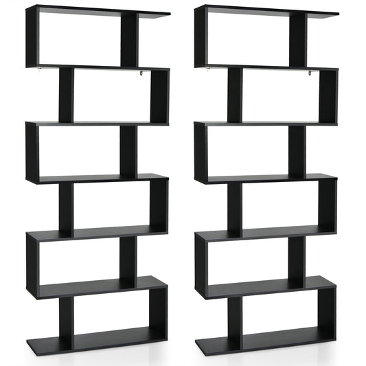 Topbuy 2 PCS 6-Tier S-Shaped Wooden Bookshelf Storage Bookcase Multifunctional Display Stand Shelf Black/Coffee/White