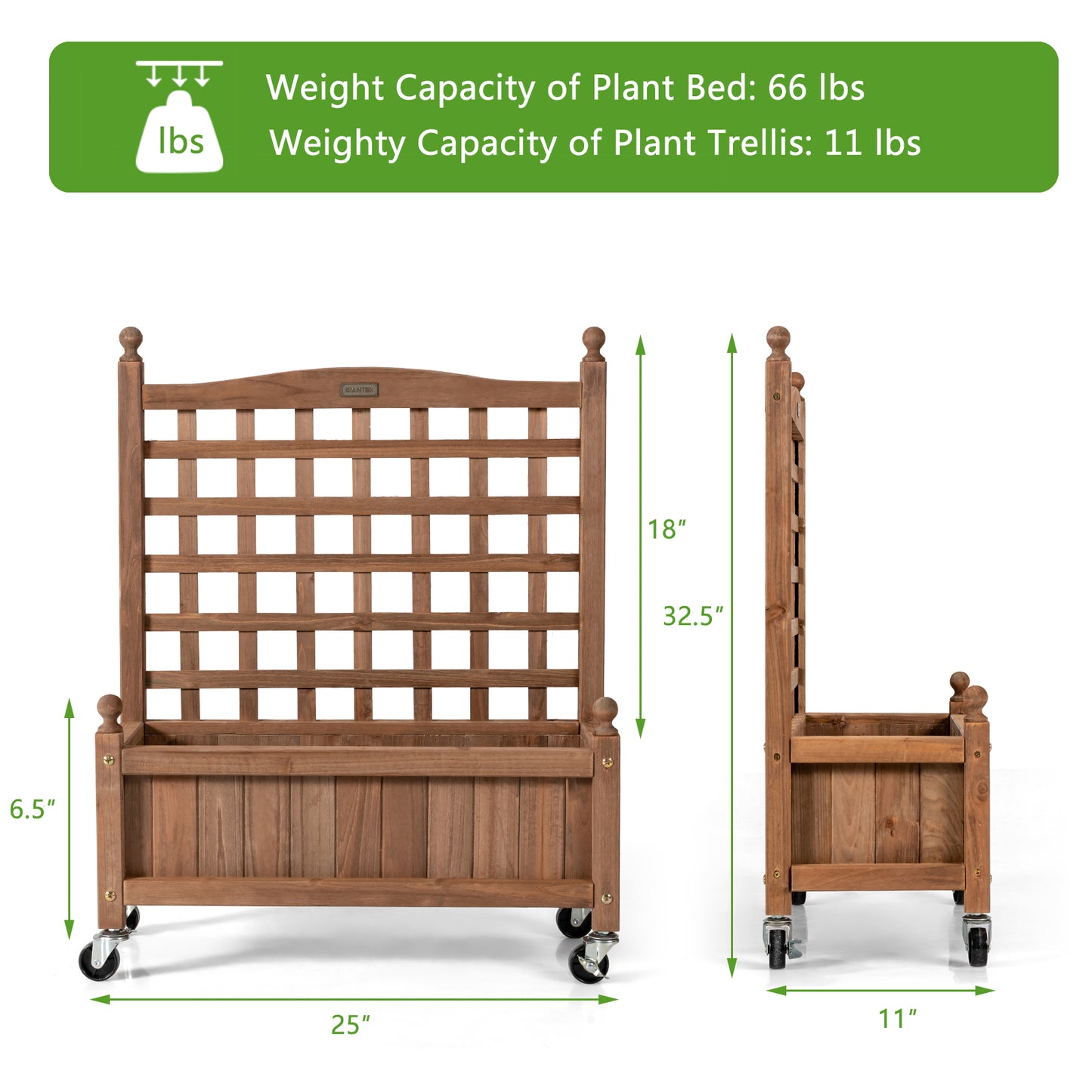 Topbuy 32in Wood Planter Box with Trellis and Wheels Mobile Plant Raised Bed for Indoor&Outdoor