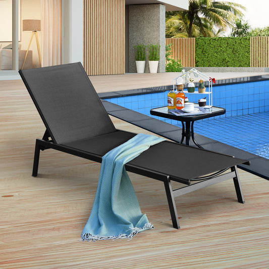 Patiojoy Patio Chaise Lounger with 6-Postion Adjustable Backrest and Breathable Fabric Black
