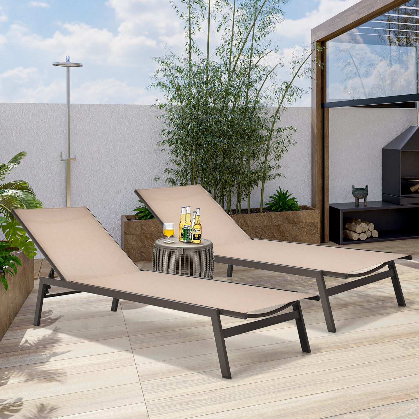 Patiojoy 2PC Patio Chaise Lounger with 6-Postion Adjustable Backrest and Breathable Fabric Brown