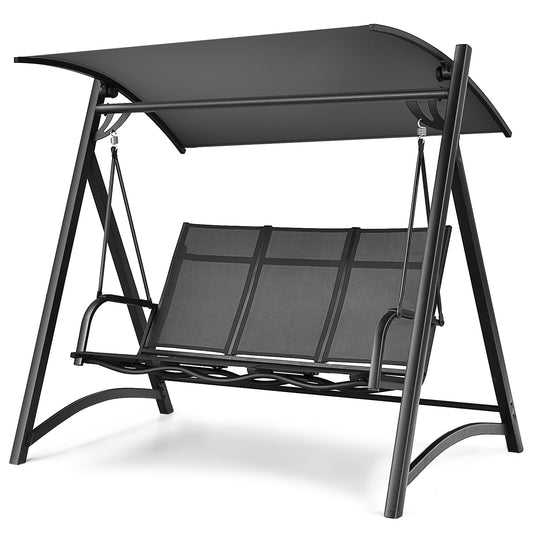 Patiojoy 3-Person Outdoor Porch Swing Chair with Adjustable Canopy Aluminum Frame Patio Swing