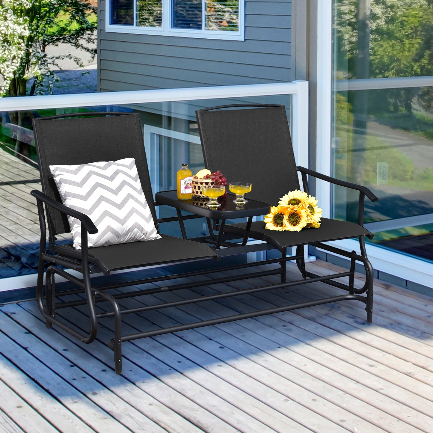 Patiojoy Turquoise/Gray/Beige/Brown/Black Patio Loveseat Rocking 2 Person Outdoor Double Glider Chair With Center Table
