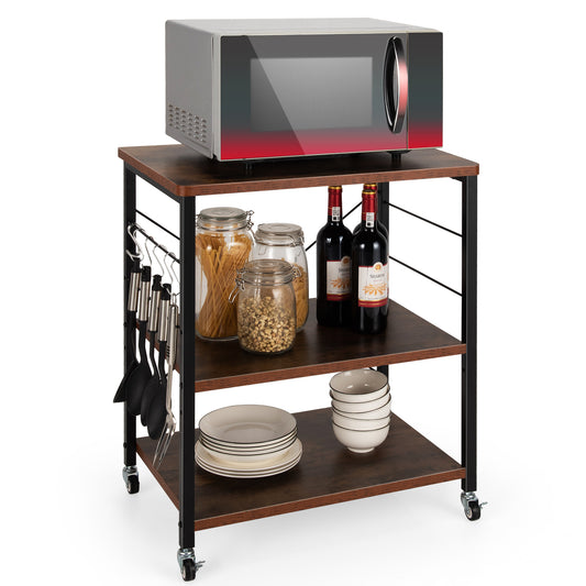 Topbuy Kitchen Baker's Rack 3-Tier Microwave Cart with Wheels&10 Hooks Rustic Brown/Maple/Rustic Vintage/Nut Brown