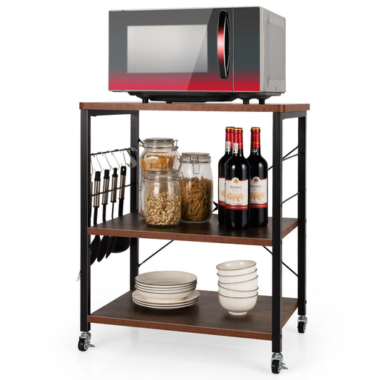 Topbuy Kitchen Baker's Rack 3-Tier Microwave Cart with Wheels&10 Hooks Rustic Brown/Maple/Rustic Vintage/Nut Brown