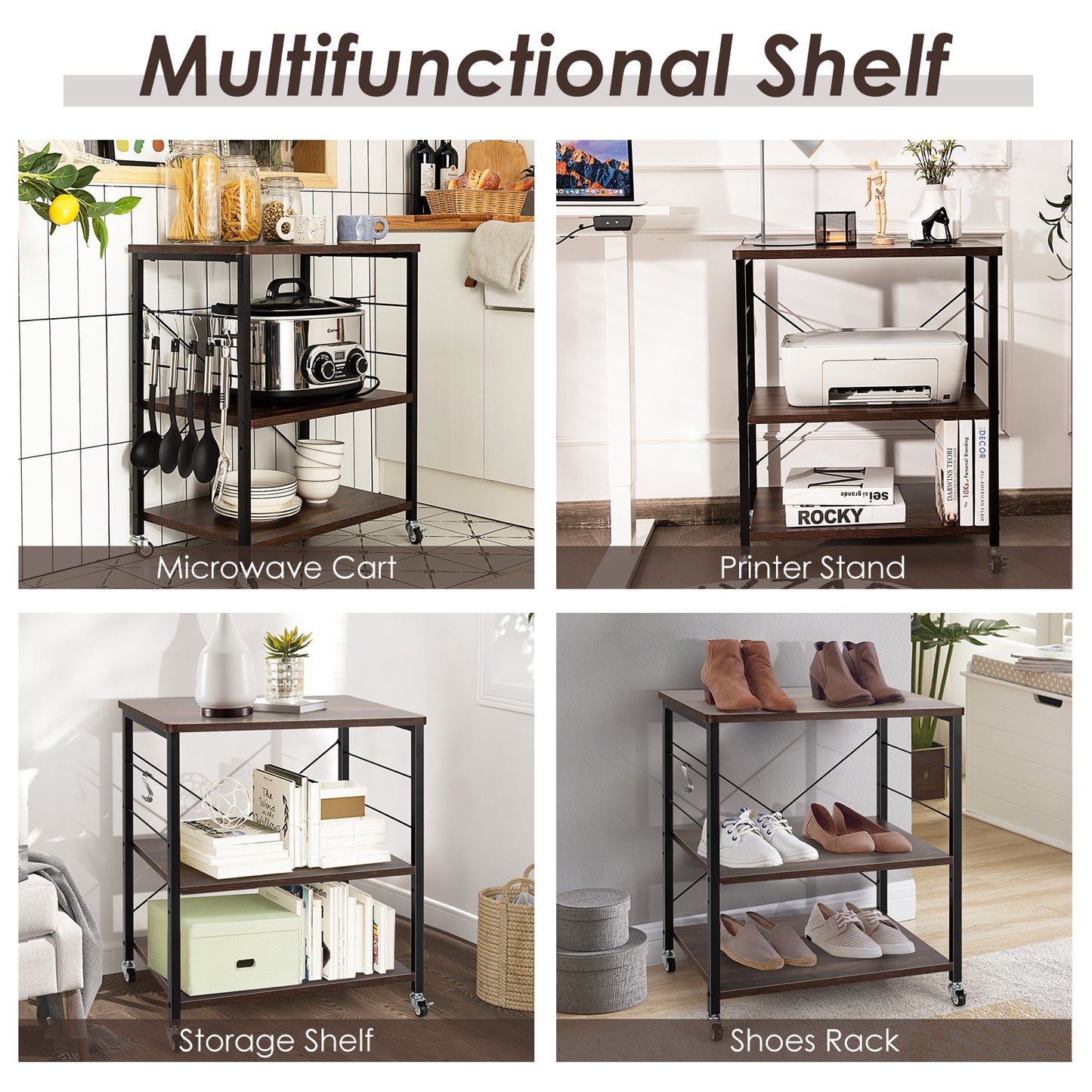 Topbuy Kitchen Baker's Rack 3-Tier Microwave Cart with Wheels&10 Hooks Rustic Brown/Maple/Rustic Vintage/Nut Brown