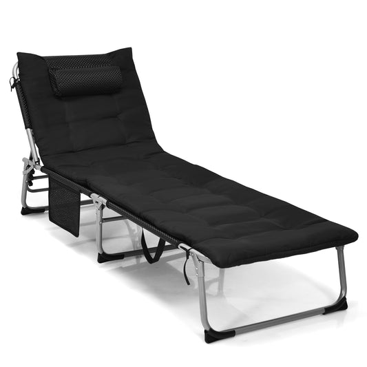 Patiojoy 4-Level Oversize Folding Chaise Lounge Adjustable Outdoor Beach with Removable Cushion Black/Beige