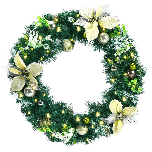 Topbuy 24'' Pre-lit Christmas Wreath, Full Decorated Xmas Wreath with 35 PCS Ornaments & 40 LED Lights