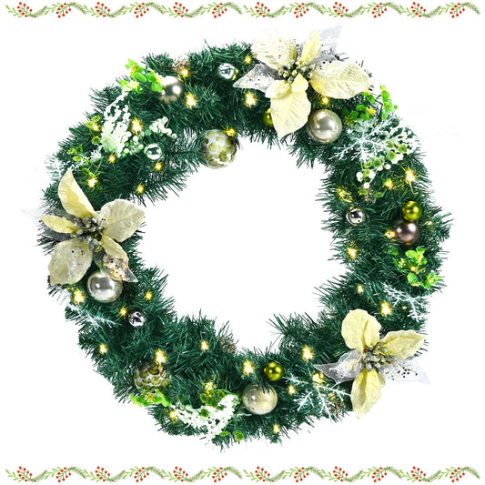 Topbuy 24'' Pre-lit Christmas Wreath, Full Decorated Xmas Wreath with 35 PCS Ornaments & 40 LED Lights