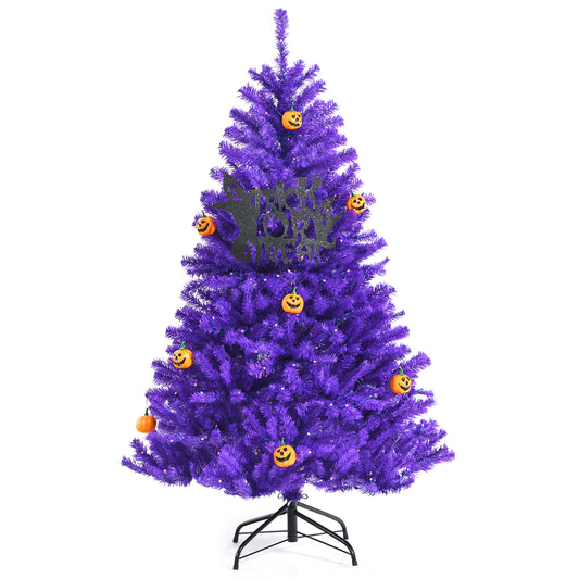 Topbuy 5FT/6FT/7Ft Artificial Purple Christmas Tree Prelit Purple Halloween Tree w/ 280/400/500 Orange LED Lights & Pumpkin Ornaments