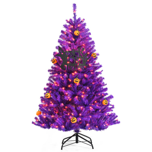 Topbuy 5FT/6FT/7Ft Artificial Purple Christmas Tree Prelit Purple Halloween Tree w/ 280/400/500 Orange LED Lights & Pumpkin Ornaments
